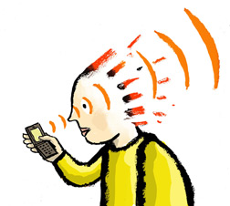 Slate cartoon of boy with cell phone & microwaves from head