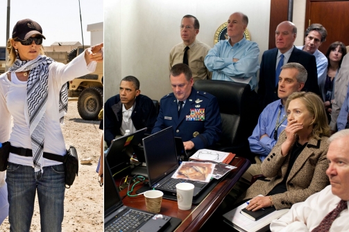 Photo credit on left: Summit Entertainment-AP; Description on left: Kathryn Bigelow on the set of "The Hurt Locker" (left);Photo credit: Peter Souza, White House; Description: President Obama and his team in the White House Situation Room during the mission that killed Osama bin Laden. Photo credit on left: Summit Entertainment-AP; Description on left: Kathryn Bigelow on the set of "The Hurt Locker" (left);Photo credit: Peter Souza, White House; Description: President Obama and his team in the White House Situation Room during the mission that killed Osama bin Laden.