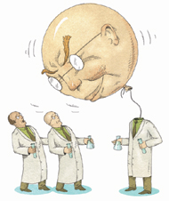 Cartoon by Wesley Bedrosian of scientists, one with an enlarged head Cartoon by Wesley Bedrosian of scientists, one with an enlarged head