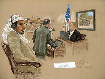 Drawing by Janet Hamlin -- Associated Press; Description: A courtroom sketch shows Salim Ahmed Hamdan, a former driver for Osama bin Laden, on trial at Guantanamo Bay.Days before the Sept. 11, 2001, attacks, Osama bin Laden left his compound in Kandahar in Afghanistan and headed into the mountains. His driver, Salim Ahmed Hamdan, traveled with him. As U.S. and Northern Alliance forces stood poised to capture Kandahar a few months later, bin Laden told Hamdan to evacuate his family. Hamdan's wife was eight months pregnant at the time, and Hamdan drove her and his infant daughter to the Pakistani border. It was on his way back that Hamdan was captured by Northern Alliance warlords, said Jonathan Mahler, an author who has pieced together the events in his upcoming book, "The Challenge: Hamdan v. Rumsfeld and the Fight Over Presidential Power." Hamdan's captors found two surface-to-air missiles in the trunk of his car. They turned him over to the Americans and pocketed a bounty of $5,000. Hamdan recently became the first detainee at Guantanamo Bay to face trial. Government and defense lawyers are arguing about Hamdan's significance in al-Qaeda and the extent of his knowledge of the group's activities, but it is the facts the lawyers agree on that raise an interesting question for anyone who studies terrorist groups. Hamdan joined bin Laden after his plan to go to join a jihad in Tajikistan hit a snag. For years, he ferried al-Qaeda's leader to camps and news conferences and was often bored, according to the testimony of his interrogators. Mahler, who interviewed Hamdan's family and attorneys, his FBI interrogators, and the man who recruited Hamdan for jihad, said bin Laden's driver was not particularly religious -- for a poor man from Yemen, jihad was a career move as much as a religious quest. The interesting question is why Hamdan and other minor cogs in terrorist groups who have access to information that the United States would gladly pay for rarely come forward to share it. Dozens of other Hamdans today probably have leads on the whereabouts of bin Laden and other terrorist leaders. Given that some of these potential informers are bound to be poor and uneducated, why don't they defect, take the money and run? "The generic problem is the question of why people having useful knowledge can't be bribed to reveal it," said David Laitin, a political scientist at Stanford University who has studied why terrorist groups that specialize in suicide attacks are so rarely undermined by defectors and turncoats. Along with Eli Berman, a political scientist at the University of California at Santa Barbara, Laitin has developed a theory to explain why the Hamdans of the world tend to stay loyal to the bin Ladens. Laitin and Berman argue that it is because a group such as al-Qaeda is really an exclusive club. Most people think of clubs as recreational groups, but Laitin and Berman are using a more subtle definition. Clubs are groups that tend to be selective about their members. Unlike political parties and book-reading groups, which allow anyone to join, clubs make it difficult for people to sign up. And once admitted, members must make personal sacrifices to stay. In the case of an exclusive golf club, the sacrifice might involve paying sizable dues. In the case of some religious orders, would-be members might have to go through lengthy periods of initiation. The "club model" of terrorism explains why cogs such as Hamdan stay loyal. Across all kinds of clubs, when members make sacrifices, they are much more likely to become intensely loyal to fellow members. Berman and Laitin think this is because the sacrifices that members make to join a club reduce their value outside the club. If you devote years to learning a religious text, that knowledge can give you social cachet within your club, but your effort counts for little outside the club. "If you have to spend your life reading the Talmud, you are not very good at software," Laitin said. "The sacrifices get you social welfare, but if you took a bribe, your value outside of that club would be minuscule." Whereas software engineers who "defect" from one company to another carry their value with them -- the skills are transferable -- al-Qaeda foot soldiers might enjoy high regard within that club but be worthless outside it. This may help explain why religious cults and organized-crime syndicates reward members for acquiring arcane cultural, scriptural and linguistic skills -- these are skills that cannot be easily transferred to the outside world. In a detailed analysis of terrorist attacks in Israel, Laitin and Berman showed that the degree of "clubbiness" of terrorist groups predicted how violent they would be, especially when it came to suicide attacks: Elite organizations demanded greater sacrifices and elicited greater loyalty, and it was these groups that could plan and carry out the most lethal attacks with little fear of betrayal. The political scientists are not suggesting for a second that clubs are inherently violent -- most, in fact, are harmless. But what Laitin and Berman are suggesting is that clubs offer the kind of organizational structure that happens to provide the secrecy and loyalty needed to run a terrorist group. What does this research mean for counterinsurgency efforts and fighting terrorism? Laitin argued that nations that compete with terrorist organizations to provide social benefits make it less likely that their citizens will be willing to make great sacrifices to join clubs that seek to destroy them. When your software industry takes off, in other words, fewer people need to seek out the social welfare benefits that joining the local terrorist club offers. Drawing by Janet Hamlin -- Associated Press; Description: A courtroom sketch shows Salim Ahmed Hamdan, a former driver for Osama bin Laden, on trial at Guantanamo Bay.Days before the Sept. 11, 2001, attacks, Osama bin Laden left his compound in Kandahar in Afghanistan and headed into the mountains. His driver, Salim Ahmed Hamdan, traveled with him. As U.S. and Northern Alliance forces stood poised to capture Kandahar a few months later, bin Laden told Hamdan to evacuate his family. Hamdan's wife was eight months pregnant at the time, and Hamdan drove her and his infant daughter to the Pakistani border. It was on his way back that Hamdan was captured by Northern Alliance warlords, said Jonathan Mahler, an author who has pieced together the events in his upcoming book, "The Challenge: Hamdan v. Rumsfeld and the Fight Over Presidential Power." Hamdan's captors found two surface-to-air missiles in the trunk of his car. They turned him over to the Americans and pocketed a bounty of $5,000. Hamdan recently became the first detainee at Guantanamo Bay to face trial. Government and defense lawyers are arguing about Hamdan's significance in al-Qaeda and the extent of his knowledge of the group's activities, but it is the facts the lawyers agree on that raise an interesting question for anyone who studies terrorist groups. Hamdan joined bin Laden after his plan to go to join a jihad in Tajikistan hit a snag. For years, he ferried al-Qaeda's leader to camps and news conferences and was often bored, according to the testimony of his interrogators. Mahler, who interviewed Hamdan's family and attorneys, his FBI interrogators, and the man who recruited Hamdan for jihad, said bin Laden's driver was not particularly religious -- for a poor man from Yemen, jihad was a career move as much as a religious quest. The interesting question is why Hamdan and other minor cogs in terrorist groups who have access to information that the United States would gladly pay for rarely come forward to share it. Dozens of other Hamdans today probably have leads on the whereabouts of bin Laden and other terrorist leaders. Given that some of these potential informers are bound to be poor and uneducated, why don't they defect, take the money and run? "The generic problem is the question of why people having useful knowledge can't be bribed to reveal it," said David Laitin, a political scientist at Stanford University who has studied why terrorist groups that specialize in suicide attacks are so rarely undermined by defectors and turncoats. Along with Eli Berman, a political scientist at the University of California at Santa Barbara, Laitin has developed a theory to explain why the Hamdans of the world tend to stay loyal to the bin Ladens. Laitin and Berman argue that it is because a group such as al-Qaeda is really an exclusive club. Most people think of clubs as recreational groups, but Laitin and Berman are using a more subtle definition. Clubs are groups that tend to be selective about their members. Unlike political parties and book-reading groups, which allow anyone to join, clubs make it difficult for people to sign up. And once admitted, members must make personal sacrifices to stay. In the case of an exclusive golf club, the sacrifice might involve paying sizable dues. In the case of some religious orders, would-be members might have to go through lengthy periods of initiation. The "club model" of terrorism explains why cogs such as Hamdan stay loyal. Across all kinds of clubs, when members make sacrifices, they are much more likely to become intensely loyal to fellow members. Berman and Laitin think this is because the sacrifices that members make to join a club reduce their value outside the club. If you devote years to learning a religious text, that knowledge can give you social cachet within your club, but your effort counts for little outside the club. "If you have to spend your life reading the Talmud, you are not very good at software," Laitin said. "The sacrifices get you social welfare, but if you took a bribe, your value outside of that club would be minuscule." Whereas software engineers who "defect" from one company to another carry their value with them -- the skills are transferable -- al-Qaeda foot soldiers might enjoy high regard within that club but be worthless outside it. This may help explain why religious cults and organized-crime syndicates reward members for acquiring arcane cultural, scriptural and linguistic skills -- these are skills that cannot be easily transferred to the outside world. In a detailed analysis of terrorist attacks in Israel, Laitin and Berman showed that the degree of "clubbiness" of terrorist groups predicted how violent they would be, especially when it came to suicide attacks: Elite organizations demanded greater sacrifices and elicited greater loyalty, and it was these groups that could plan and carry out the most lethal attacks with little fear of betrayal. The political scientists are not suggesting for a second that clubs are inherently violent -- most, in fact, are harmless. But what Laitin and Berman are suggesting is that clubs offer the kind of organizational structure that happens to provide the secrecy and loyalty needed to run a terrorist group. What does this research mean for counterinsurgency efforts and fighting terrorism? Laitin argued that nations that compete with terrorist organizations to provide social benefits make it less likely that their citizens will be willing to make great sacrifices to join clubs that seek to destroy them. When your software industry takes off, in other words, fewer people need to seek out the social welfare benefits that joining the local terrorist club offers.