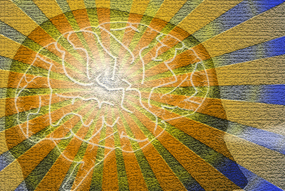 Drawing of a human brain with the rays of the sun eminating from it. Drawing of a human brain with the rays of the sun eminating from it.