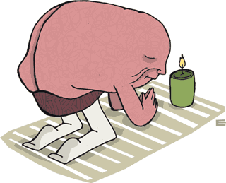 A brain with arms and legs is kneeling on a prayer mat with a candle. A brain with arms and legs is kneeling on a prayer mat with a candle.