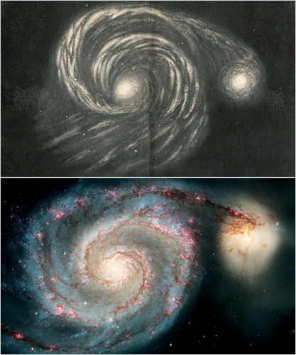 Whirlpool Galaxy, above drawn by the Earl of Rosse, 1845, and below from NASA
