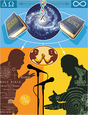 Abstract art with the Holy Bible on the left and physics on the right. Credit: Tad Majewski Abstract art with the Holy Bible on the left and physics on the right. Credit: Tad Majewski