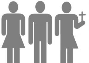 Drawing of a man, a woman, and a half-man half-woman holding a cross. Drawing of a man, a woman, and a half-man half-woman holding a cross.