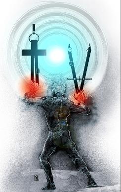 Graphic of Atlas-like man shouldering cross and compass; artist: Web Bryant, USAToday Graphic of Atlas-like man shouldering cross and compass; artist: Web Bryant, USAToday
