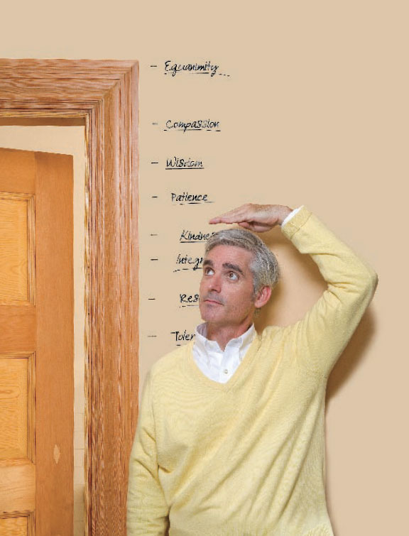 Man measuring himself against a scale that reads "Compassion, Wisdom, Patience" etc. Man measuring himself against a scale that reads "Compassion, Wisdom, Patience" etc.