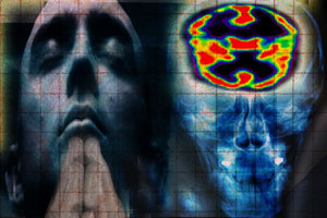 Image of a man in prayer juxtapositioned with a skull overlaid with a medican scan. Image of a man in prayer juxtapositioned with a skull overlaid with a medican scan.