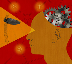 illustration of human head, showing gears for a brain and symbols of religions illustration of human head, showing gears for a brain and symbols of religions