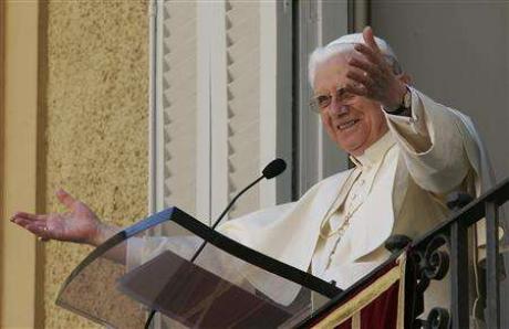 Pope Benedict XVI gestures during his Easter Monday Regina Coeli prayer from his summer residence in Castel Gandolfo, near Rome April 9, 2007. Credit: Reuters/Tony Gentile