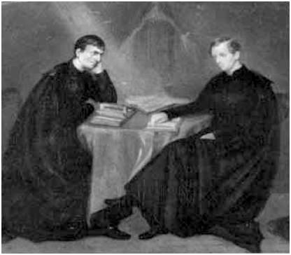 John Henry Newman and Ambrose St John in a portrait of 1847 by Maria Giberne. In the background is Our Lady of the Miraculous Medal, for whom Newman had a devotion. John Henry Newman and Ambrose St John in a portrait of 1847 by Maria Giberne. In the background is Our Lady of the Miraculous Medal, for whom Newman had a devotion.