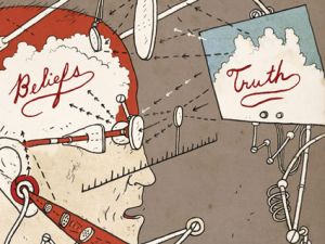 Jonathon Rosen cartoon of man's brain contending with beliefs & truths Jonathon Rosen cartoon of man's brain contending with beliefs & truths